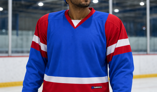 Beer League Hockey Jersey Royal Blue/Red/White — custom hockey jersey worn on model — TeamGear Canada