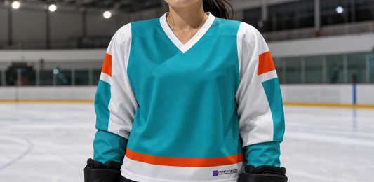 Beer League Hockey Jersey Teal/White/Bright Orange — custom hockey jersey worn on model — TeamGear Canada
