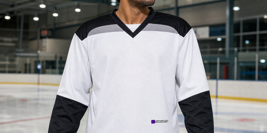 Beer League Hockey Jersey White/Black/Grey — custom hockey jersey worn on model — TeamGear Canada