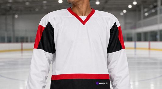 Beer League Hockey Jersey White/Black/Red — custom hockey jersey worn on model — TeamGear Canada