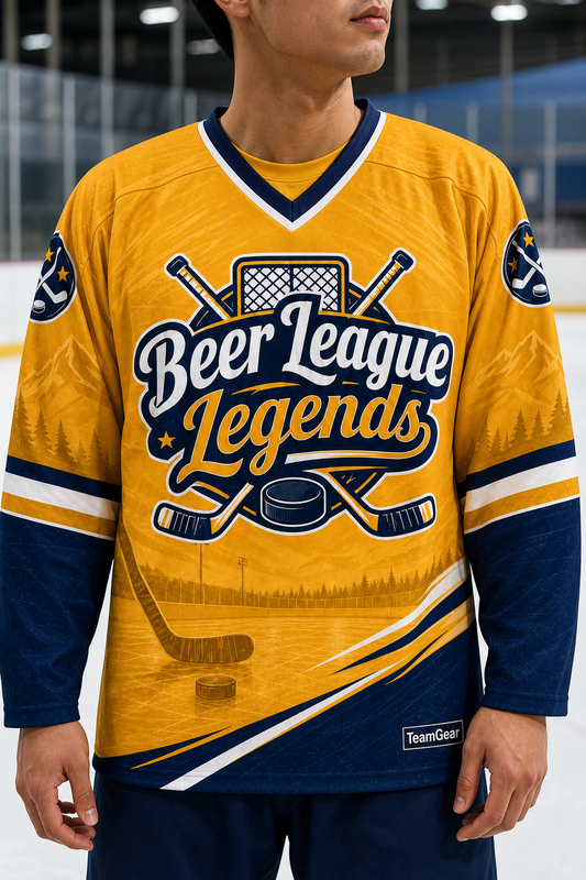 Beer League Legends Gold Hockey Jersey — custom hockey jersey worn on model — TeamGear Canada