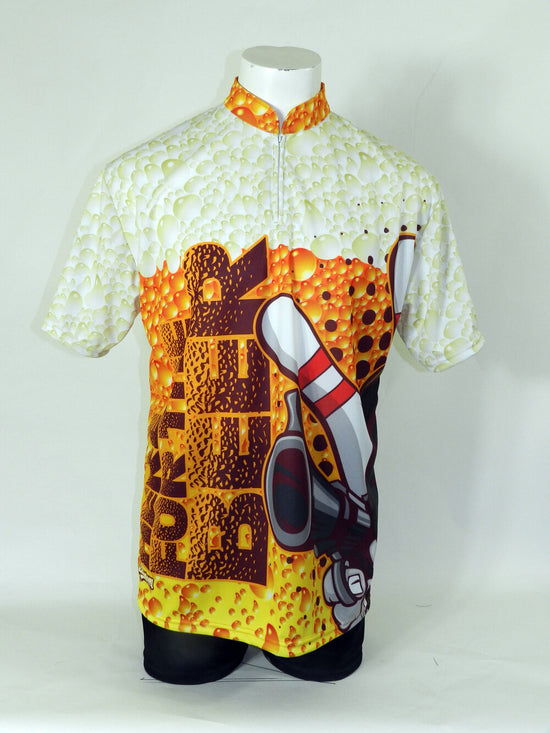 custom bowling button down full sublimation jersey made in Canada, crew neck, zip neck and button neck also available