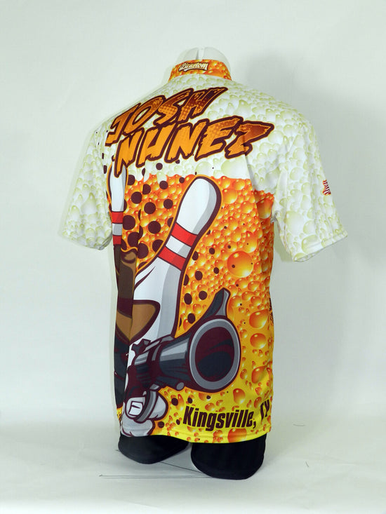 custom bowling button down full sublimation jersey made in Canada, crew neck, zip neck and button neck also available