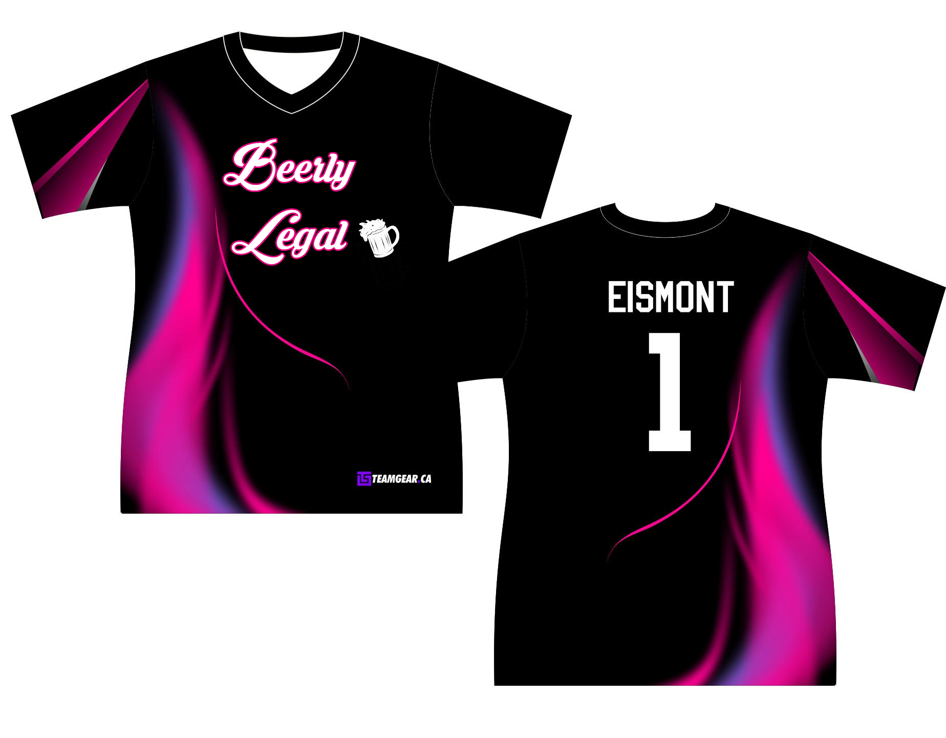 black and pink Beerly Legal softball jerseys in a ladies fit with v-neck