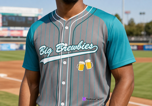 Big Brewbies Baseball Jersey Full Button — custom baseball jersey worn on model — TeamGear Canada