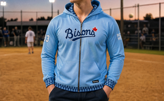 Bisons Slo Pitch Fully Sublimated Hoodie — custom slopitch hoodie worn on model — TeamGear Canada