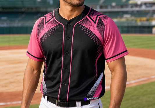 Black and Pink Baseball Jersey Full Button — custom baseball jersey worn on model — TeamGear Canada