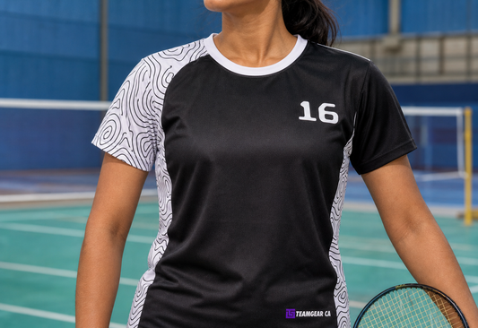 Black and White Badminton Jersey — custom badminton jersey worn on model — TeamGear Canada