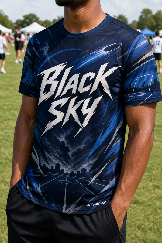Black Sky Navy Ultimate Frisbee Jersey — custom ultimate frisbee jersey worn on model — TeamGear Canada