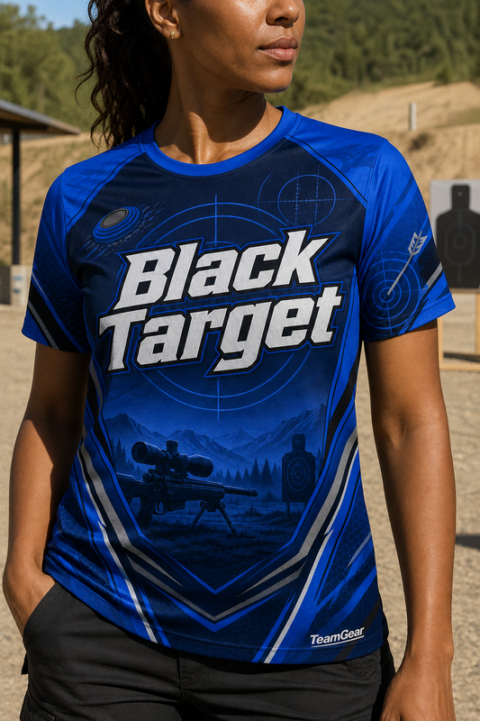 Black Target Blue Shooting Jersey — custom shooting jersey worn on model — TeamGear Canada