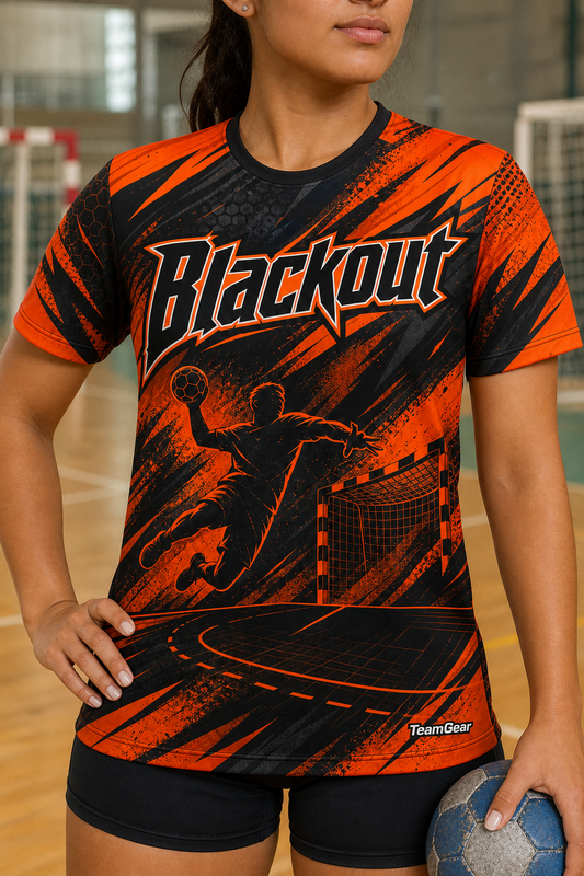 Blackout Orange Handball Jersey — custom handball jersey worn on model — TeamGear Canada