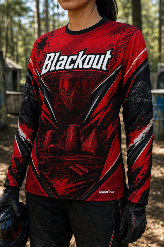 Blackout Red Long Sleeve Paintball Jersey — custom paintball jersey worn on model — TeamGear Canada