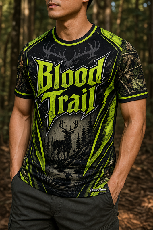 Blood Trail Lime Hunting Jersey — custom hunting jersey worn on model — TeamGear Canada