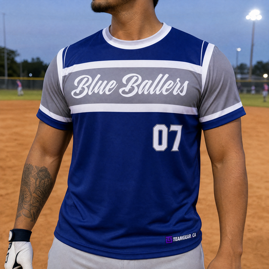 Blue Ballers Softball Jersey — custom softball jersey worn on model — TeamGear Canada