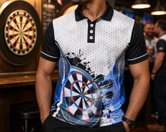 Blue Competitive Darts Jersey — custom darts jersey worn on model — TeamGear Canada