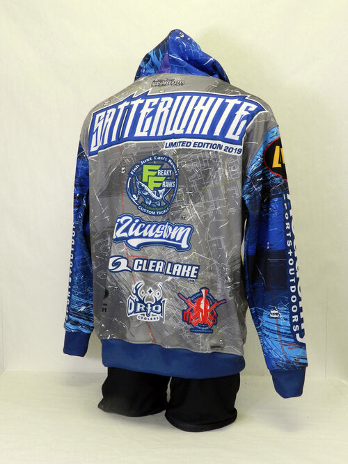 custom fishing hoodie full sublimation jersey made in Canada, zip neck, crew neck, and button neck also available