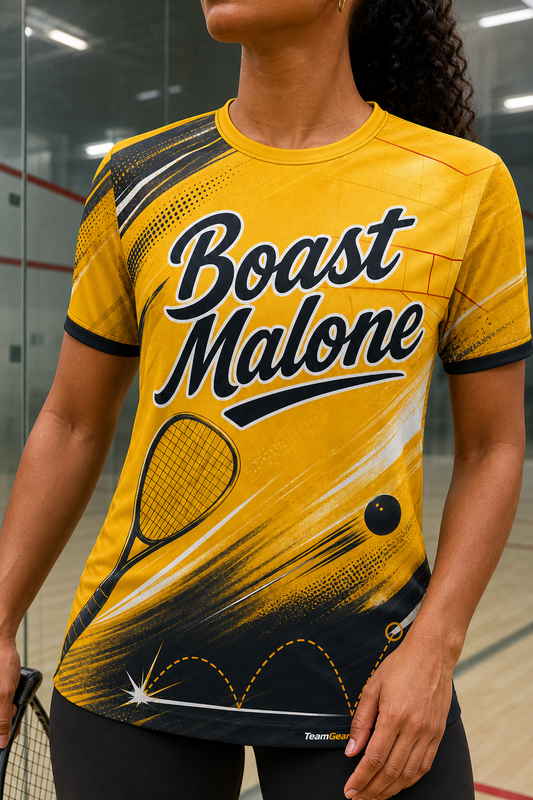 Boast Malone Gold Squash Jersey — custom squash jersey worn on model — TeamGear Canada