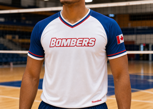 Bombers White Volleyball Jersey — custom volleyball jersey worn on model — TeamGear Canada