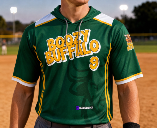 Boozy Buffalo Green Softball Hoodie — custom softball hoodie worn on model — TeamGear Canada