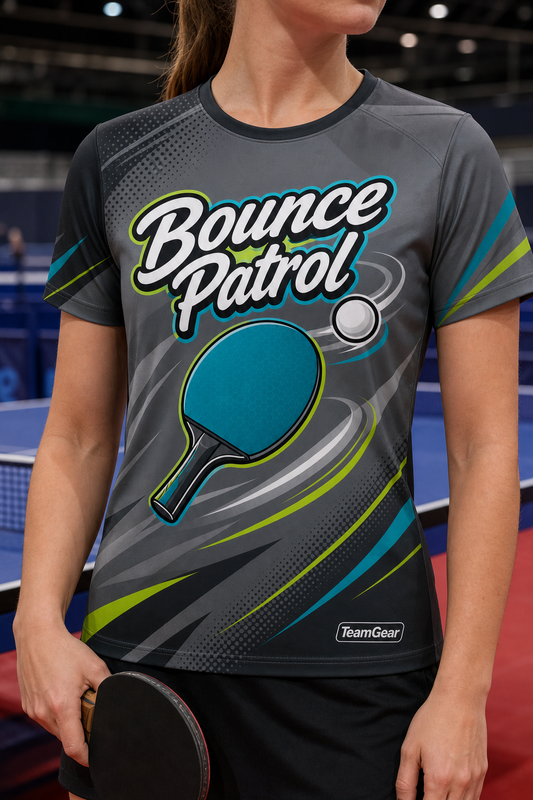Bounce Patrol Grey Table Tennis Jersey — custom table tennis jersey worn on model — TeamGear Canada