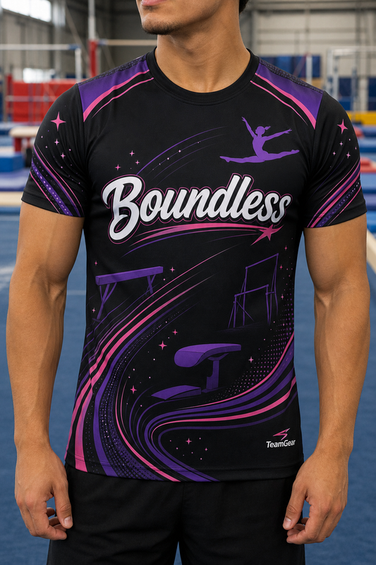 Boundless Black Gymnastics Jersey — custom gymnastics jersey worn on model — TeamGear Canada