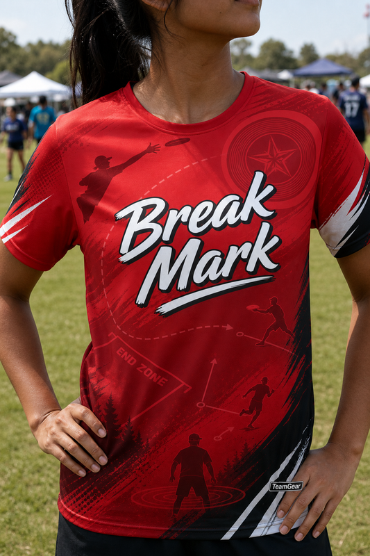 Break Mark Red Ultimate Frisbee Jersey — custom ultimate frisbee jersey worn on model — TeamGear Canada