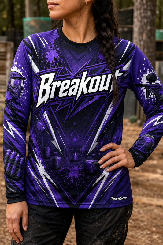 Breakout Purple Long Sleeve Paintball Jersey — custom paintball jersey worn on model — TeamGear Canada