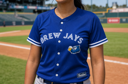 Brew Jays Blue Baseball Jersey Full Button — custom baseball jersey worn on model — TeamGear Canada