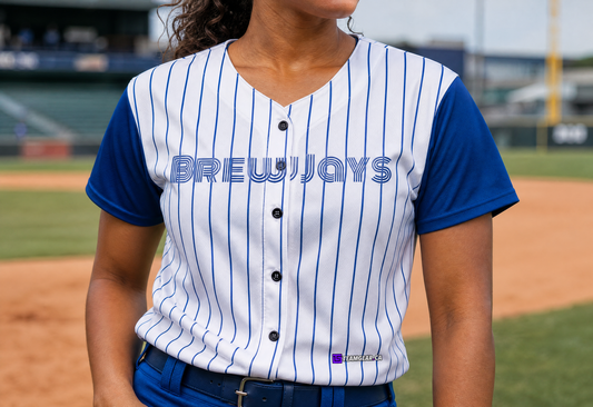 Brew Jays Pinstripe Baseball Jersey Full Button — custom baseball jersey worn on model — TeamGear Canada