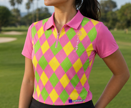 Bright Argyle Golf Jersey — custom golf jersey worn on model — TeamGear Canada