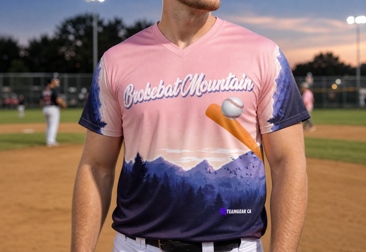 Brokebat Mountain Pink Softball Jersey — custom softball jersey worn on model — TeamGear Canada