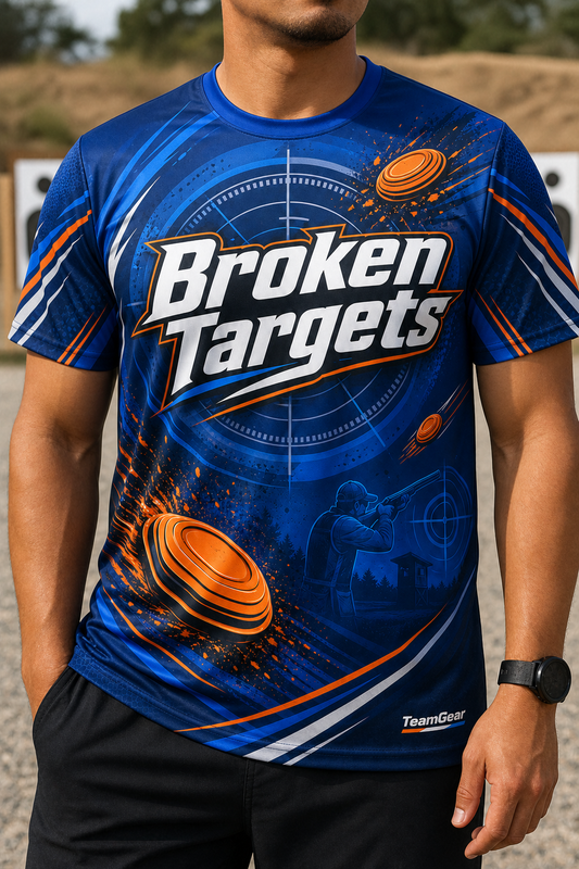 Broken Targets Blue Shooting Jersey — custom shooting jersey worn on model — TeamGear Canada