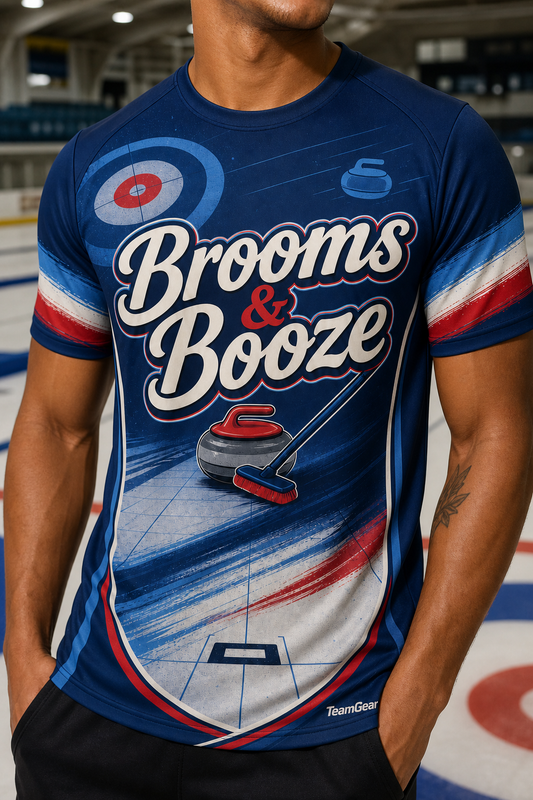 Brooms & Booze Navy Curling Jersey — custom curling jersey worn on model — TeamGear Canada