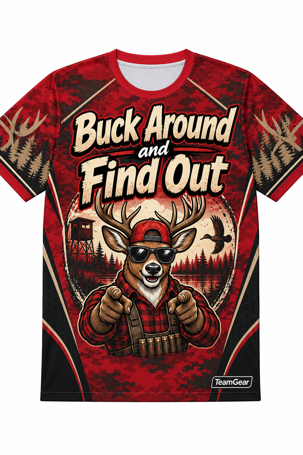 Buck Around and Find Out Red Hunting Jersey design