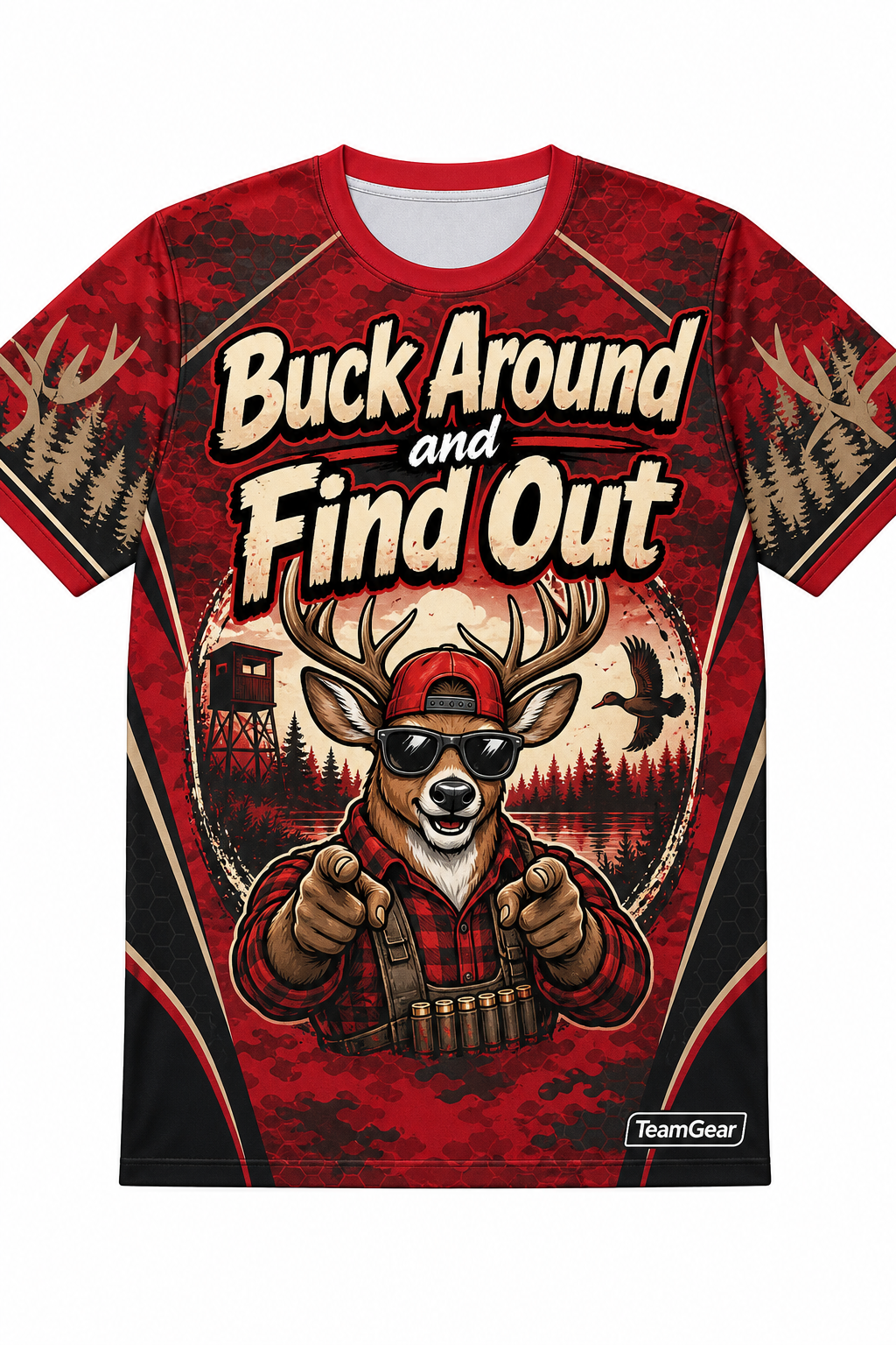 Buck Around and Find Out Red Hunting Jersey design