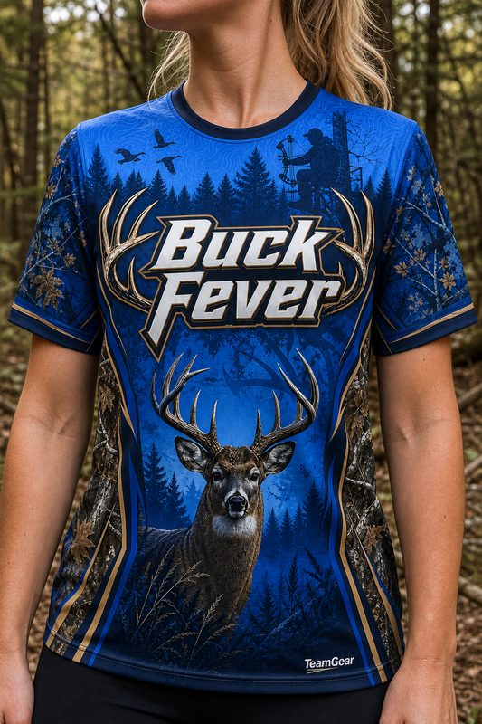 Buck Fever Blue Hunting Jersey — custom hunting jersey worn on model — TeamGear Canada
