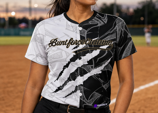 Bunt Force Trauma Splitter Softball Jersey — custom softball jersey worn on model — TeamGear Canada