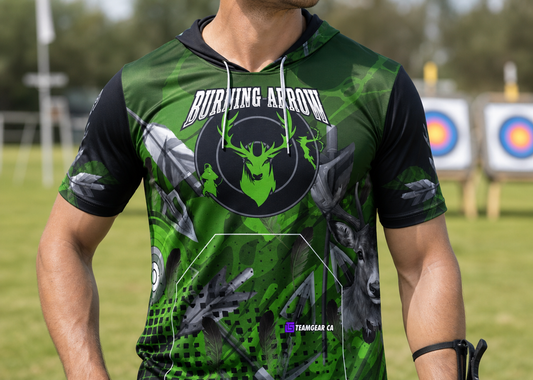 Burning Arrow Green Archery Hoodie — custom archery hoodie worn on model — TeamGear Canada