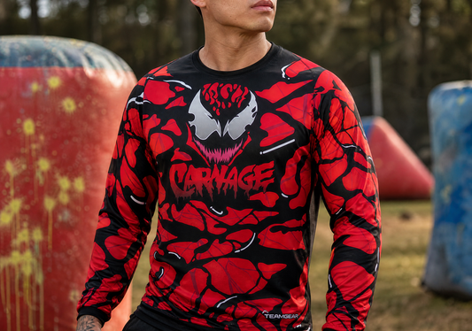 Carnage Red Paintball Jersey — custom paintball jersey worn on model — TeamGear Canada