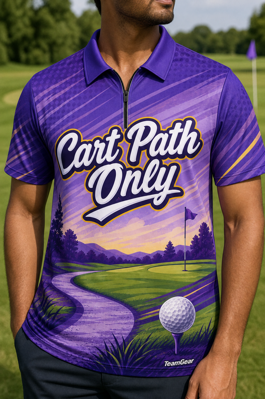 Cart Path Only Purple Golf Polo — custom golf team apparel worn on model — TeamGear Canada