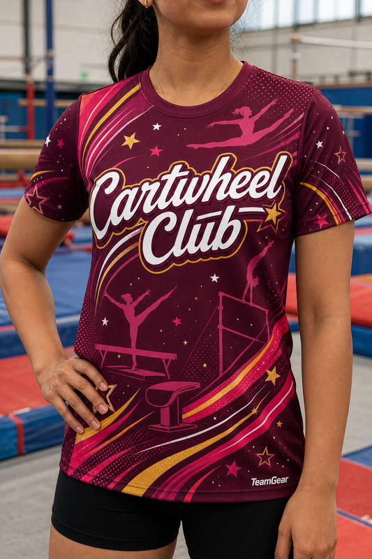 Cartwheel Club Maroon Gymnastics Jersey — custom gymnastics jersey worn on model — TeamGear Canada