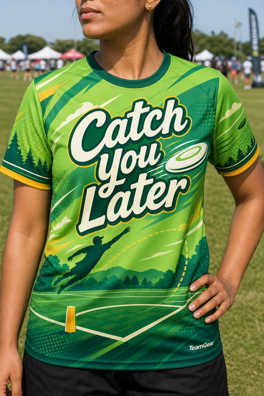 Catch You Later Green Ultimate Frisbee Jersey — custom ultimate frisbee jersey worn on model — TeamGear Canada