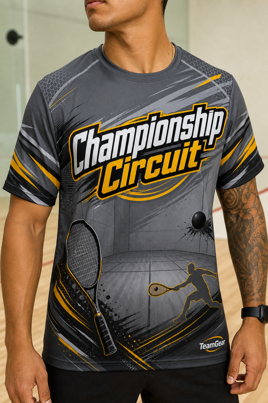 Championship Circuit Grey Racquetball Jersey — custom racquetball jersey worn on model — TeamGear Canada