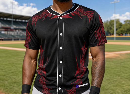Chaos Black Baseball Jersey Full Button — custom baseball jersey worn on model — TeamGear Canada