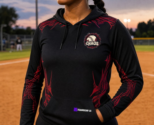 Chaos Black Softball Hoodie — custom softball hoodie worn on model — TeamGear Canada