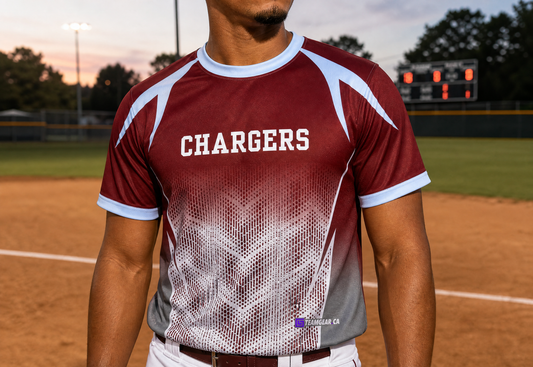 Chargers Red Softball Jersey — custom softball jersey worn on model — TeamGear Canada