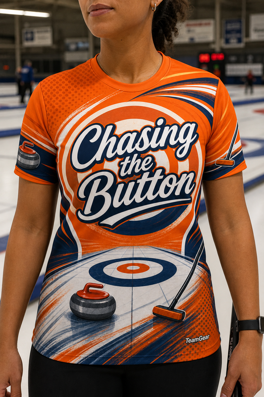 Chasing the Button Orange Curling Jersey — custom curling jersey worn on model — TeamGear Canada