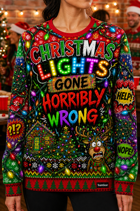 Christmas Lights Gone Horribly Wrong Ugly Christmas Sweater — custom christmas team apparel worn on model — TeamGear Canada