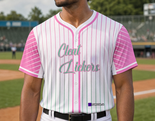 Cleat Lickers Baseball Jersey Full Button — custom baseball jersey worn on model — TeamGear Canada
