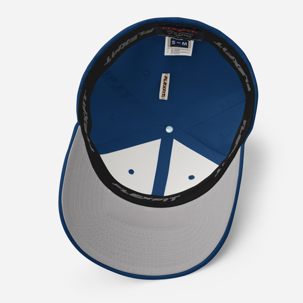 inside view of small-medium sized flex fit hat in royal blue
